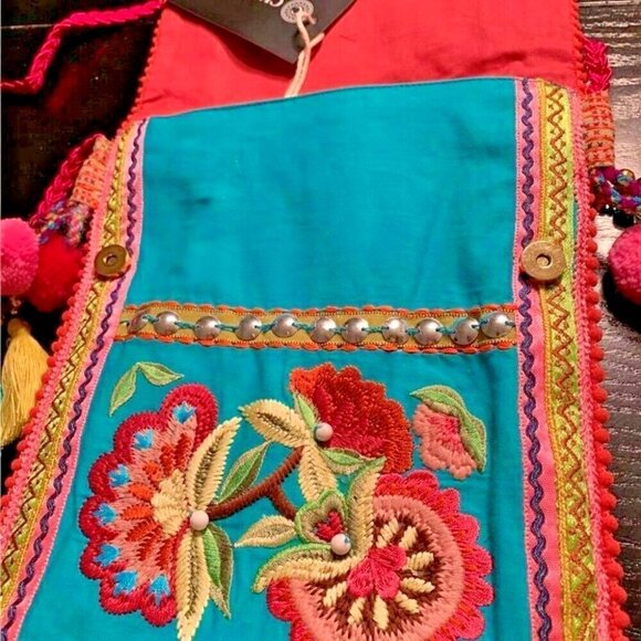 Curations Multi-Color Woven Embroidered Beaded Detail Tassel Pompoms Crossbody - Picture 3 of 5